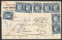 1289 FRANCE: 29/SEP/1875 PONT DE BRIQUES - ARGENTINA: Complete Folded Letter Franked By Yv.60C X8 (total 2Fr.), Cancelle - Sonstige & Ohne Zuordnung