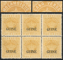 1374 PORTUGUESE GUINEA: Sc.16a, 1881/5 40r. Yellow, Block Of 6, One Inscribed With ""Mozambique"" Error, VF Quality, Ver - Portugiesisch-Guinea