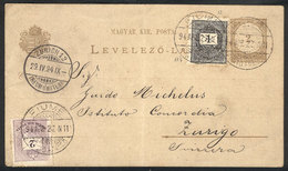 1403 HUNGARY: 2k. Postal Card + Additional Postage (total 5k.), Sent From FIUME (PUNTO FRANCO) To Zürich On 27/AP/1894 ( - Altri & Non Classificati