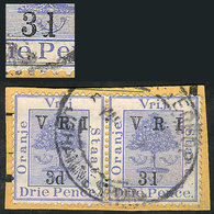 1634 ORANGE RIVER: Sc.48d, Pair On Fragment, One With Incomplete Overprint (I Instead Of D), VF Quality! - Namibia (1990- ...)