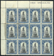 1677 PERU: Sc.176, 1907 2P. Monument To Columbus, Corner Block Of 12, Second Largest Known Multiple, Mint Full Original  - Peru