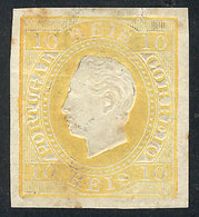 1730 PORTUGAL: Sc.35a, 1870 10r. Yellow IMPERFORATE, Mint Original Gum, With Stain Spots On Back, Rare! - Sonstige & Ohne Zuordnung