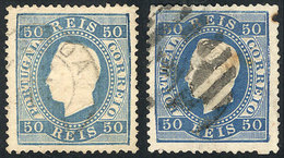 1735 PORTUGAL: Sc.43a, 1870/83 50r. Blue, Normal Paper, Perf 13½, 2 Examples In Different Shades, Fine To VF Quality! - Andere & Zonder Classificatie