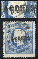 1773 PORTUGAL - AZORES: Sc.14, 1868/70 120r. Blue With Variety: DOUBLE OVERPRINT, Used, VF Quality, Very Interesting! - Altri & Non Classificati