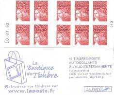 CARNET 3419-C 6 Marianne De Luquet TVP Type II "LA BOUTIQUE DU TIMBRE" Daté 10.07.02 Produit RARE - Moderne : 1959-...