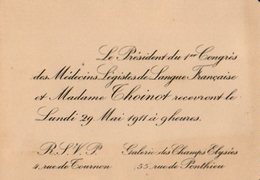 VP12.144 - PARIS 1911- Science - Carte  Carton D'invitation Du Président Du 1er Congrès Des Médecins Légistes L.THOINOT - Altri & Non Classificati