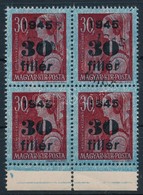 ** 1945 Kisegít? 30f/30f Négyestömb Kett?s Felülnyomással. Látványos, Ritka Darab! / Mi 789 Block Of 4 With Double Overp - Autres & Non Classés