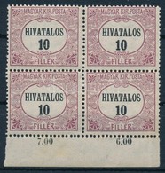 ** 1921 Hivatalos 10f ívszéli Négyestömb, A 2. Bélyegen Festékcsík A FILLÉR-en, A 4.bélyegen Törött L A Fillérben - Other & Unclassified