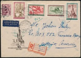 1955 Ajánlott Légi Posta Levél érdekes Szükségragjeggyel, Felszabadulás és Épületek Vegyes Vérmentesítéssel Kanadába Kül - Altri & Non Classificati
