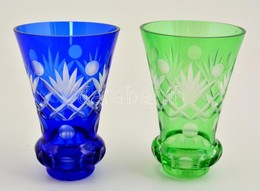 Kék és Zöld Csiszolt üveg Vázák, Hibátlanok, M: 13,5 Cm, D: 9,5 Cm - Verre & Cristal