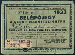 1933 Fényképes Belép?jegy A Szent Margitsziget Gyógyfürd?be, A Fotó Sérült - Non Classificati