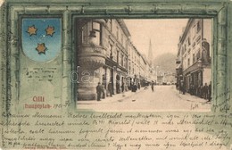 T2/T3 1901 Celje, Cilli; Hauptplatz. Verlag Fritz Rasch / Main Square. Coat Of Arms Litho Frame - Non Classificati