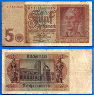 Allemagne 5 Reichsmark 1942 Serie Z Que Prix + Port Marks Reichsbanknote Germany Skrill Paypal Bitcoin - 5 Reichsmark