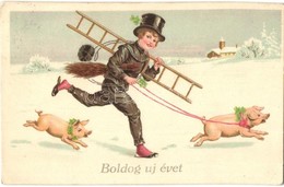 T2/T3 Boldog Új évet! / New Year Greeting Art Postcard, Chimney Sweeper With Pigs. Amag 3307. Litho  (EK) - Non Classificati