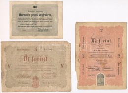 1848. 2Ft 'Kossuth Bankó' +  5Ft Vörösesbarna + 1849. 30kr 'Kossuth Bankó' T:III,III- Ly., Anyaghiány - Non Classificati