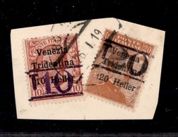 0430 OCCUPAZIONI - TRENTINO - Bolzano 3 - 1918 - T10 Su 10 Heller (12) + T20 Su 20 Heller (13) - Usati Su Frammento (550 - Autres & Non Classés