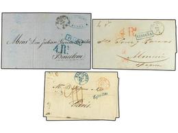 16 ESPAÑA: PREFILATELIA. 1855-67. Tres Cartas Circuladas De GÉNOVA A ESPAÑA. Marcas De Entrada <B>CERDEÑA</B> E <B>ITALI - Other & Unclassified