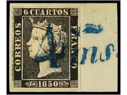 46 ESPAÑA. Ed.1. <B>6 Cuartos</B> Negro Sobre Pequeño Fragmento, Mat.<B> 4ms</B> En Azul De BARCELONA. MUY RARO Y De Exc - Andere & Zonder Classificatie