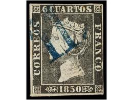 54 ° ESPAÑA. Ed.1A. <B>6 Cuartos</B> Negro, Pl. II, Mat.<B> '11'</B> De ZARAGOZA En Azul. MAGNÍFICO. - Altri & Non Classificati