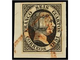 81 ESPAÑA. Ed.6. <B>6 Cuartos</B> Negro Sobre Pequeño Fragmento, Mat.<B> 'A' </B>de CÁCERES En Rojo. RARÍSMO. Cert. GRAU - Autres & Non Classés