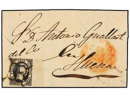91 ESPAÑA. Ed.6. 1851. BARBASTRO A HUESCA. <B>6 Cuartos</B> Negro, Borde De Hoja Por La Derecha, Mat. <B>ARAÑA</B>. Plie - Other & Unclassified