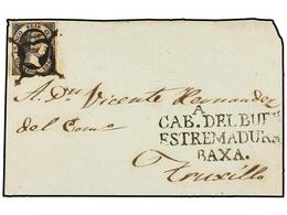 106 ESPAÑA. Ed.6. 1851. FRONTAL, Circulado A TRUJILLO. <B>6 Cuartos</B> Negro, Marca Prefilatélica<B> CABa. DEL BUEY/EST - Andere & Zonder Classificatie