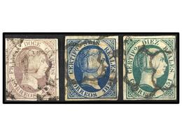 130 ° ESPAÑA. Ed.7, 10, 11. <B>12 Cuartos</B> Lila, <B>6 Reales</B> Azul (cert. COMEX) Y <B>10 Reales</B> Verde. Bonitos - Andere & Zonder Classificatie