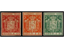 163 (*) ESPAÑA. Ed.24, 25, 26. <B>6 Cuartos</B> Rojo, <B>2 Reales</B> Bermellón Y <B>5 Reales</B> Verde. Muy Bonitos Eje - Autres & Non Classés