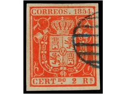 165 ° ESPAÑA. Ed.25. <B>2 Reales</B> Bermellón, Mat.<B> PARRILLA AZUL. </B>PIEZA DE LUJO. Cert. CEM. Cat. 325?. - Andere & Zonder Classificatie