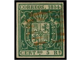 169 ° ESPAÑA. Ed.26. <B>5 Reales</B> Verde, Mat. <B>PARRILLA ROJA. </B>PIEZA DE LUJO. Cert. COMEX. Cat. 685?. - Other & Unclassified