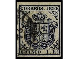 182 ° ESPAÑA. Ed.34. <B>1 Real</B> Azul, Mat. Fechador<B> SANTIAGO/CORUÑA</B>. Bonito Ejemplar. Cert. COMEX. Cat. 1.250? - Autres & Non Classés