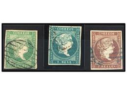 186 ° ESPAÑA. Ed.43, 45, 46. <B>2 Cuartos</B>, <B>1 Real</B> Y <B>2 Reales.</B> Muy Bonitos Ejemplares. Cat. 654?. - Altri & Non Classificati