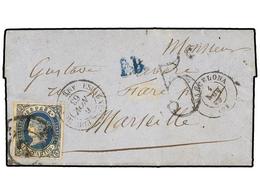 208 ESPAÑA. Ed.59F. 1863. BARCELONA A FRANCIA. <B>12 Cuartos</B> Azul<B> FALSO POSTAL. </B>MAGNÍFICA Y RARA. - Other & Unclassified