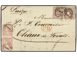 228 ESPAÑA. Ed.80 (2), 86 (2). 1866. MADRID A SUIZA. <B>2 Cuartos</B> Rosa (2) Y <B>20 Cts.</B> Lila (2). Franqueo Equiv - Autres & Non Classés