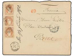 268 ESPAÑA. Ed.113 (3). 1872. S. SEBASTIAN A PARÍS. <B>12 Cuartos</B> Castaño, Tira De Tres. Precioso Y Raro Triple Port - Other & Unclassified