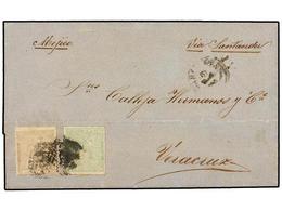 296 ESPAÑA. Ed.133, 138. 1874. BARCELONA A VERACRUZ. <B>10 Cts.</B> Verde Y <B>1 Pta.</B> Gris. Raro Franqueo. - Autres & Non Classés