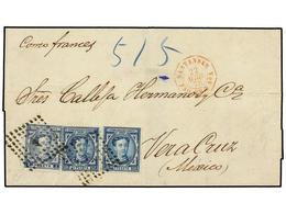 377 ESPAÑA. Ed.175 (2), 180. 1878. SANTANDER A VERACRUZ.<B> 10 Cts.</B> Azul (2) Y <B>1 Pta.</B> Azul, Mat.<B> ROMBO DE  - Altri & Non Classificati