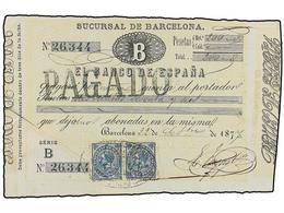 379 ESPAÑA. Ed.183ec. 1877. <B>5 Cent.</B> Azul<B> ERROR DE COLOR</B> En Pareja Sobre Recibo Del Banco De España (cortad - Other & Unclassified