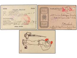 771 ESPAÑA GUERRA CIVIL. 1939-40. Tres Tarjetas Postales, Marcas De Franquicia De Falange Y Una Enviada Desde La Prisión - Other & Unclassified