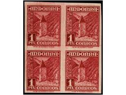 831 ** COLONIAS ESPAÑOLAS: ANDORRA. Ed.54ecs. <B>1 Pta.</B> Lila Rosa <B>ERROR DE COLOR.</B> Bloque De Cuatro. MAGNÍFICO - Sonstige & Ohne Zuordnung