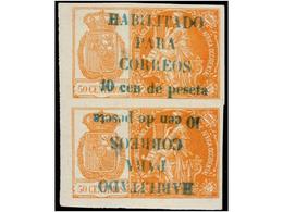 858 * COLONIAS ESPAÑOLAS: GUINEA. Ed.26F + 26Fi. <B>10 Cts. S. 50 Cents.</B> Naranja. Pareja Vertical Habilitación En Az - Altri & Non Classificati