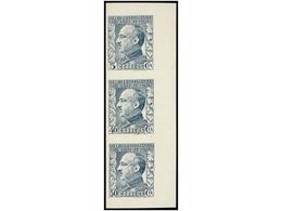 869 COLONIAS ESPAÑOLAS: GUINEA. Ed.260/62. <B>ENSAYO DE PLANCHA. 5 + 40 + 50 Cts.</B> Azul En Tira Vertical Sobre Papel  - Autres & Non Classés