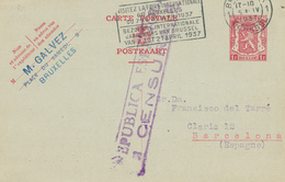 772/26 - Entier Postal Petit Sceau BRUXELLES 1937 Vers BARCELONA - Censure Républicaine Espagnole - Briefkaarten 1934-1951