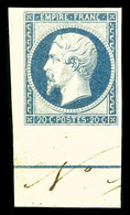 * N°14Ai, 20c Bleu Laiteux, Quasi **, Coin De Feuille Avec Filet D'encadrement, SUPERBE (signé Calves/certificat)  Quali - 1853-1860 Napoleone III