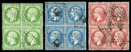 O N°20/24, 5c Vert, 20c Bleu Et 80c Rose: Les 3 Valeurs En Blocs De Quatre, TB (certificat)  Qualité: O  Cote: 900 Euros - 1862 Napoleone III