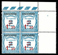 ** ANDORRE, Taxe N°13, 1F20 Sur 2F Bleu En Bd4 Coin De Feuille, Très Bon Centrage, SUP (certificat)  Qualité: **  Cote:  - Nuovi