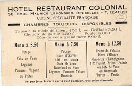 BRUXELLES - Hotel Restaurant Colonial - Tarifs  (106557) - Cafés, Hôtels, Restaurants