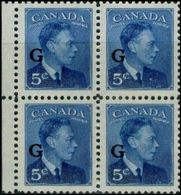 CANADA 1950 George VI 5c Blue MARG.OVPT:G 4-BLOCK - Opdrukken