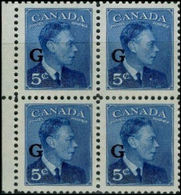 CANADA 1950 George VI 5c Blue MARG.OVPT:G 4-BLOCK - Overprinted