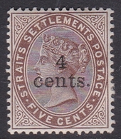 Malaysia-Straits Settlements SG 106 1898 Queen Victoria 4 Cents On 5c Brown, Mint Hinged - Straits Settlements